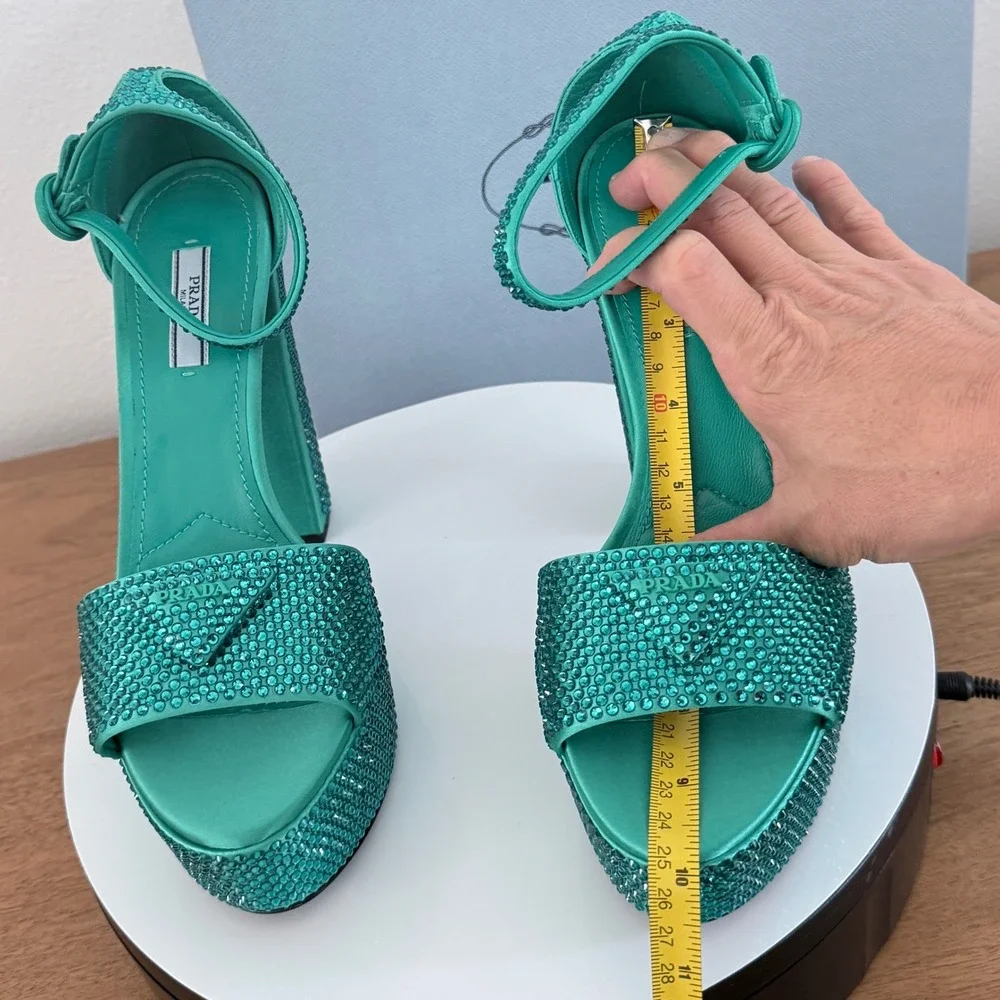 Prada Crystal‑Embellished Satin Platform Sandals Aqua Green Made in Italy. UK 39
